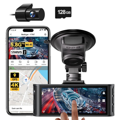 Touch Screen Dash Cam Front and Rear, 4K Dash Camera with STARVIS 2 Sensor, Free 128GB Card, Car Camera with Wifi GPS, Voice Control, Wdr,5.8Ghz Wifi, 24H Parking Mode, Night Vision