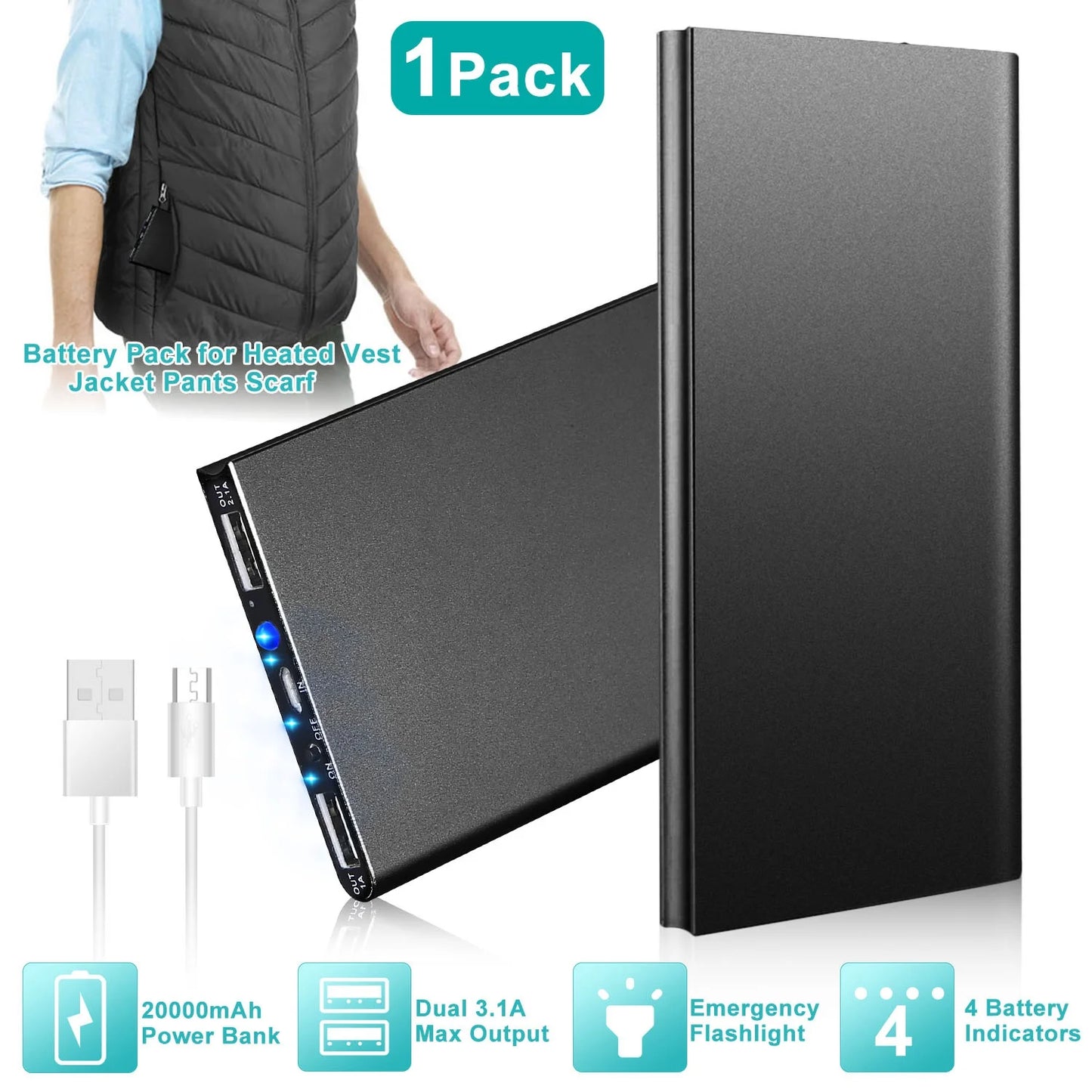 20000Mah Power Bank for Heated Vest Portable Charger 5V 2.1A Dual USB Ports Battery Pack for Heated Blanket Clothing Black