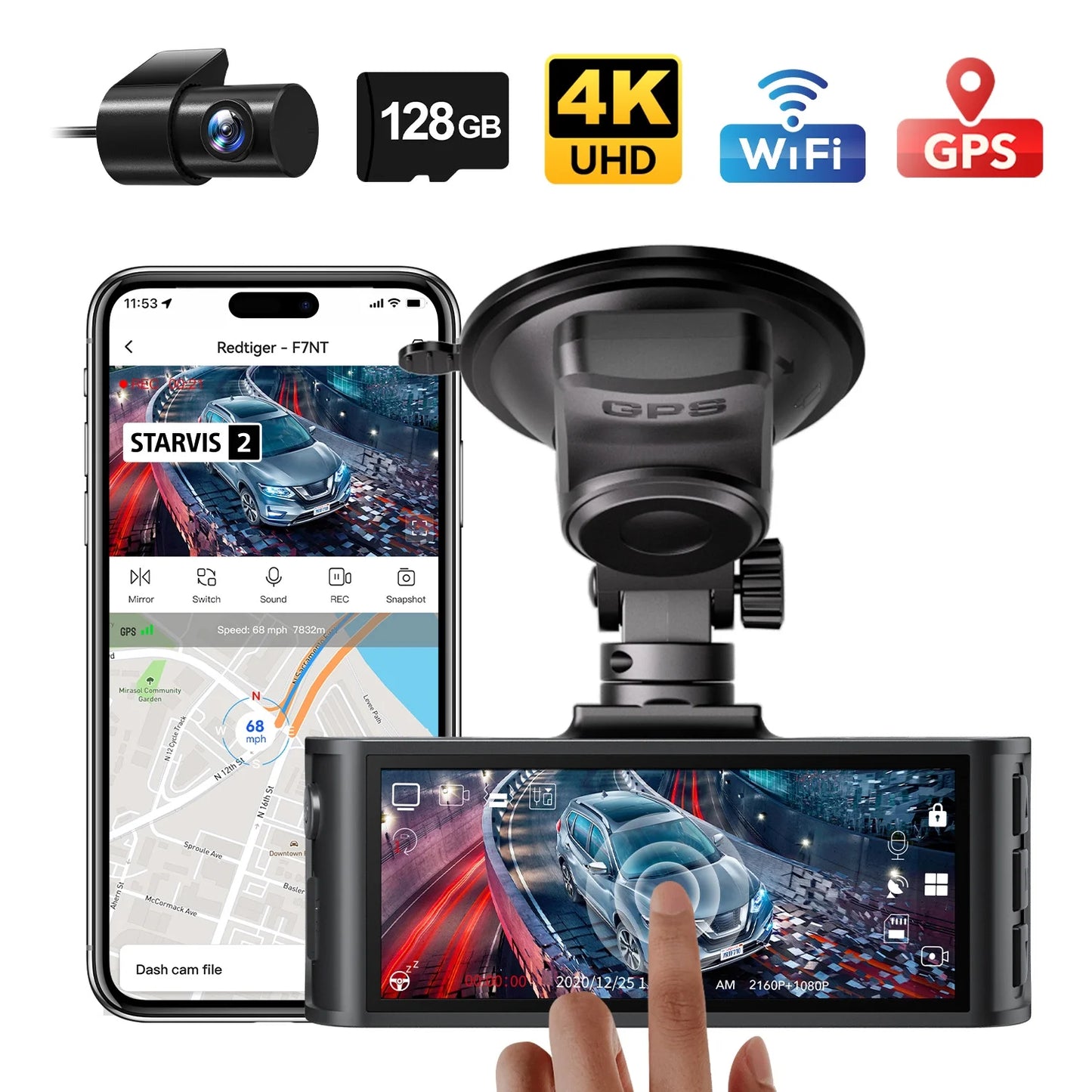 Touch Screen Dash Cam Front and Rear, 4K Dash Camera with STARVIS 2 Sensor, Free 128GB Card, Car Camera with Wifi GPS, Voice Control, Wdr,5.8Ghz Wifi, 24H Parking Mode, Night Vision